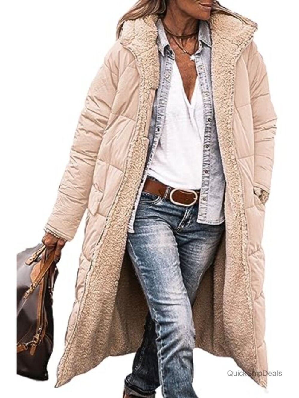 Women's Long Sherpa Fleece Hooded Full Zip Winter Coat with Pockets